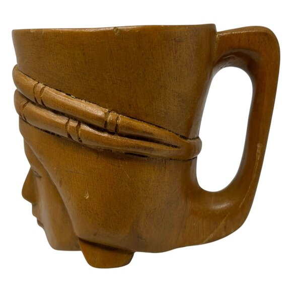 Vintage Hand Carved Mug Cup Wooden Wood Art Deco Woman Head Face 4.25" Tall - Picture 3 of 12